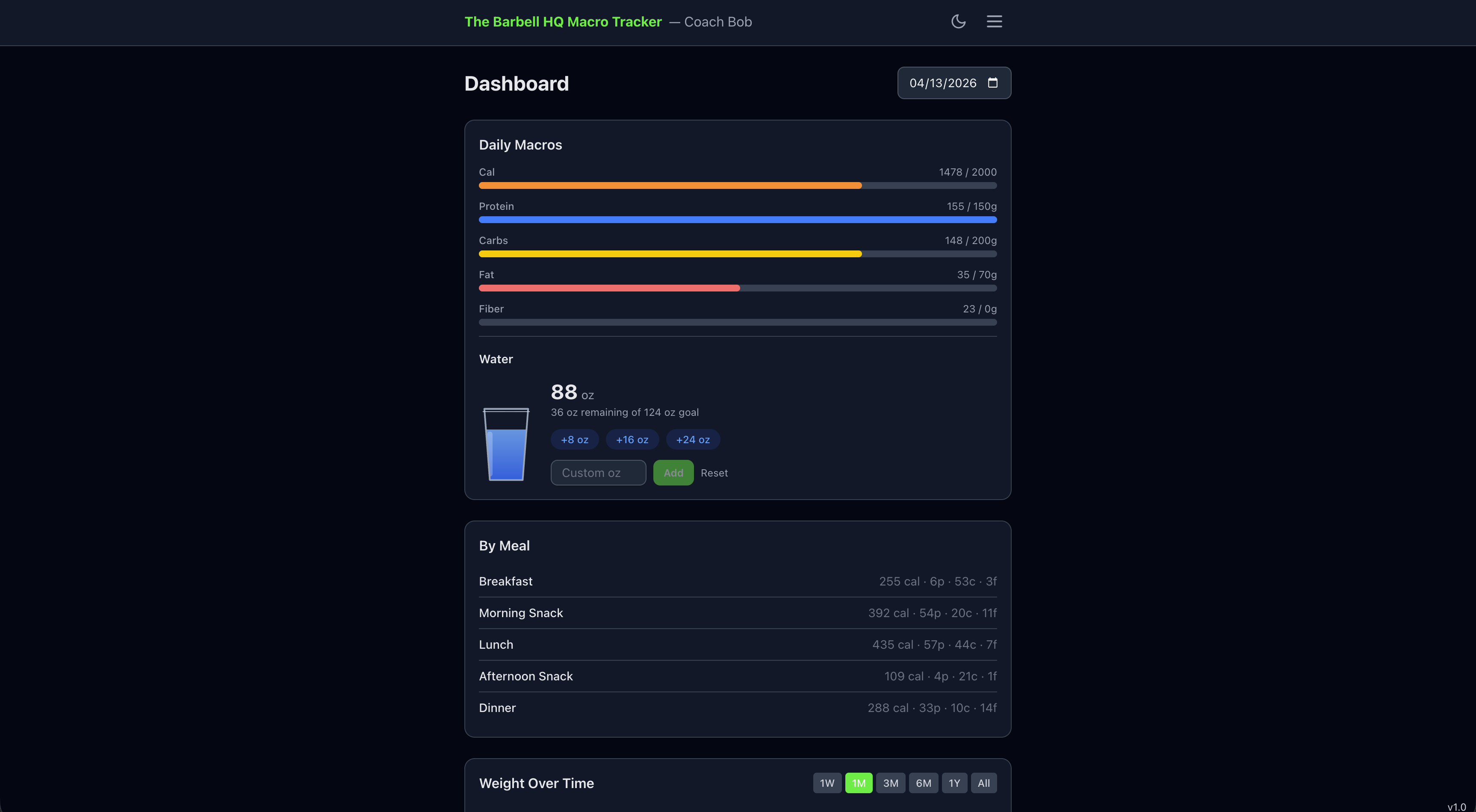 BarbellHQ coach dashboard showing daily macros, water intake, and meal breakdown